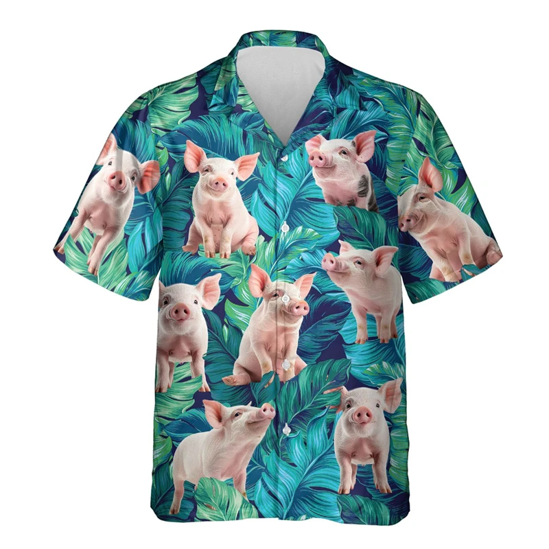 Funny Animal Pig 3D Printed Beach Shirt Cute Pet Graphic Shirts For Men Clothes Casual Hawaiian Surfing Short Sleeve Boy Blouses