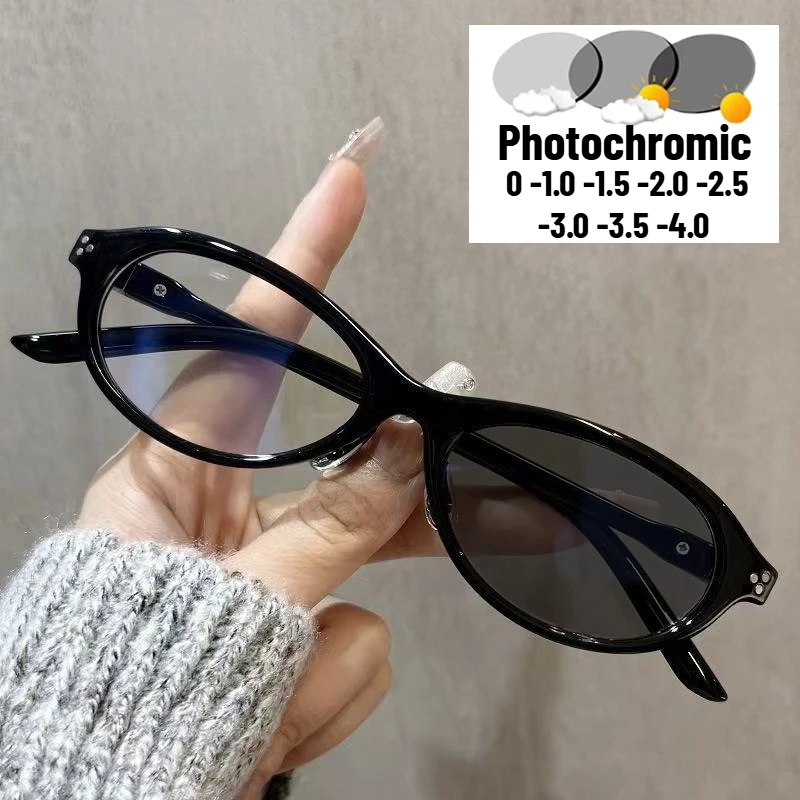 Luxury Brand Oval Photochromic Myopia Glasses for Women Men Ultralight High-definition Anti Blue Light Computer Glasses Diopters