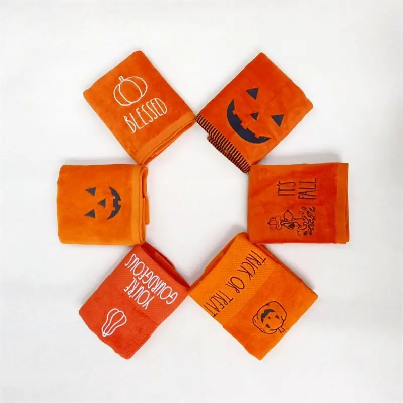 Halloween Themed Orange Cotton Face Towel Cartoon Pumpkin Graphic Print Soft Water‑Absorbing Household Hand Towel Bathroom Home