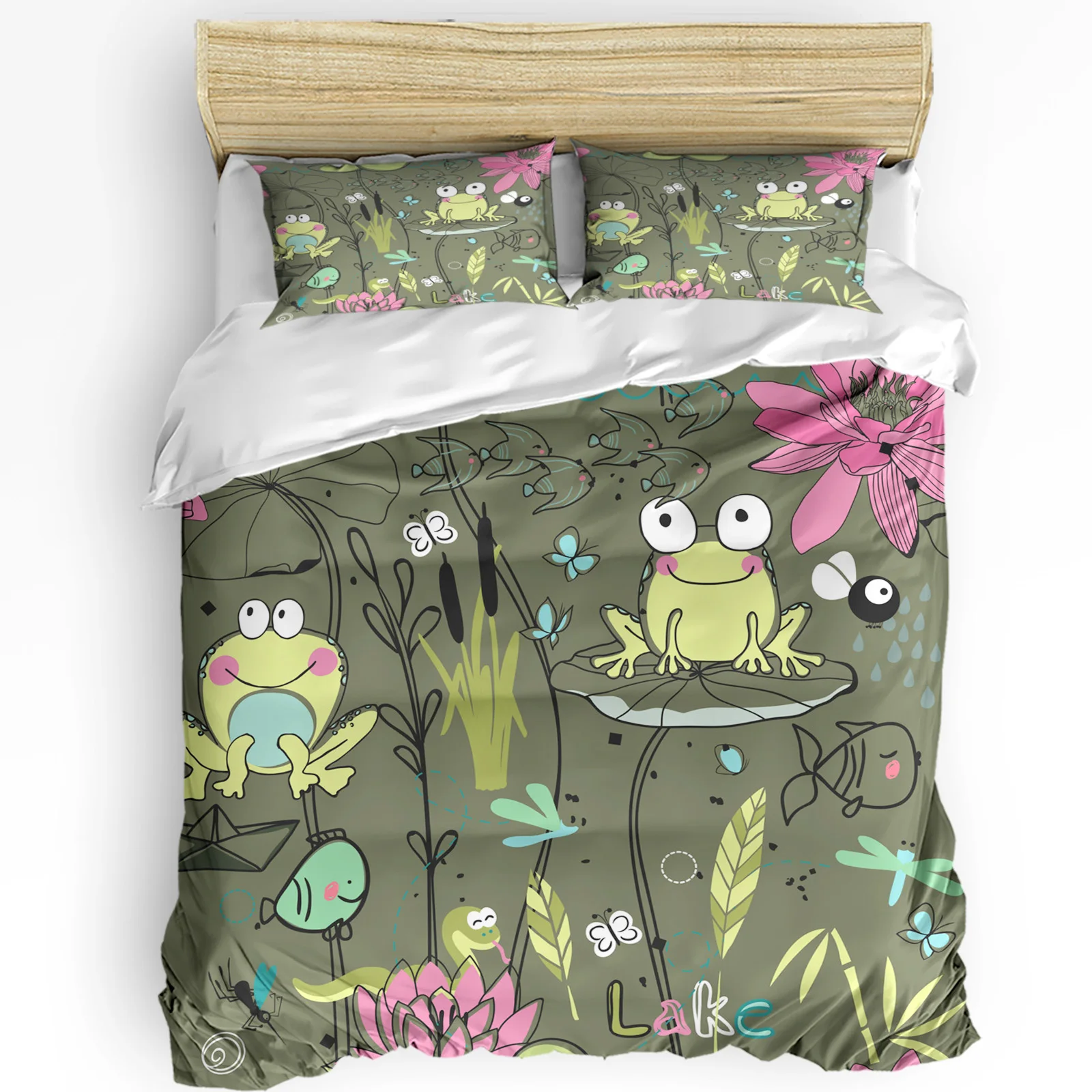 

Frog Lotus Leaf Flower Fish Pond 3pcs Bedding Set For Bedroom Double Bed Home Textile Duvet Cover Quilt Cover Pillowcase