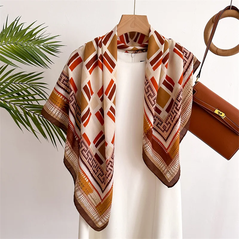 

NEW Grid 90*90CM Twill Scarf Shawls Summer Fashion Brand Beach Sunscreen Silk Scarves Print Square Headband Bandannas