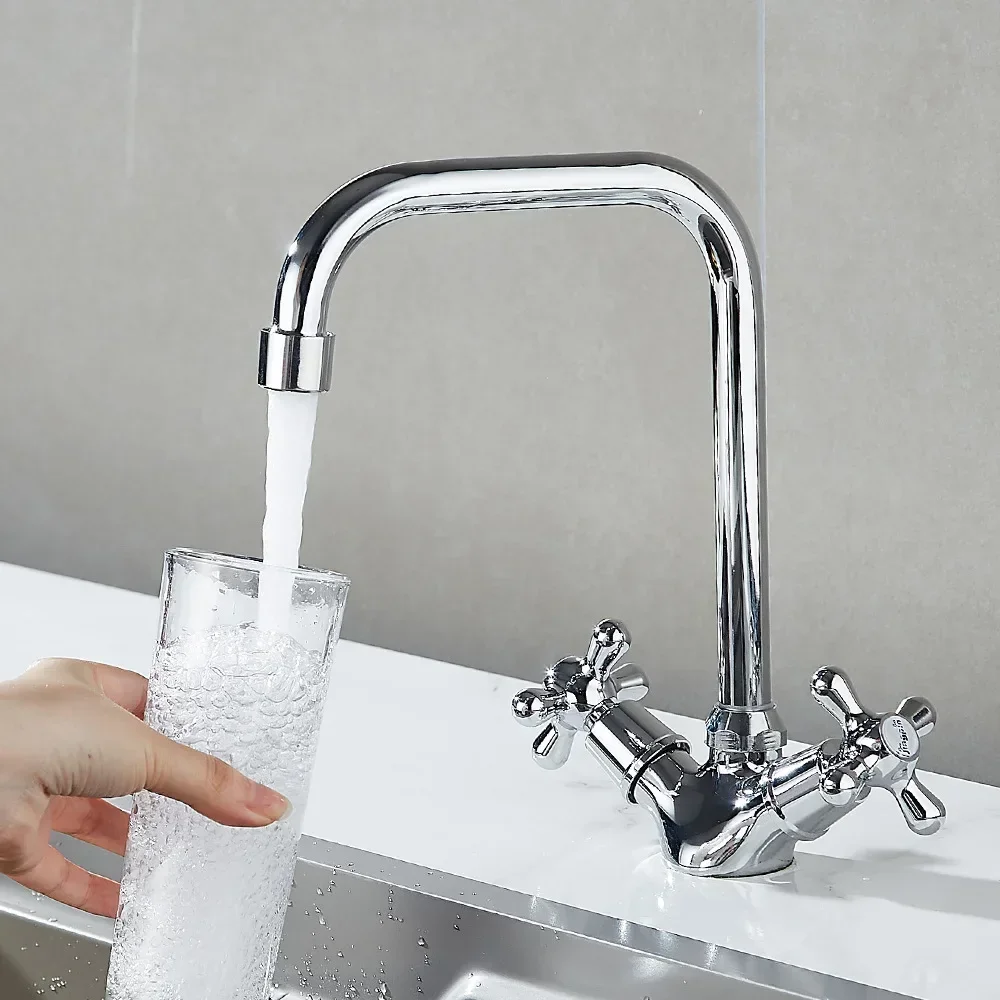 Basin Faucets Deck Mounted Double Handle Universal Rotation Kitchen Faucet Hot and Cold Water Tap Household Bathroom Faucet