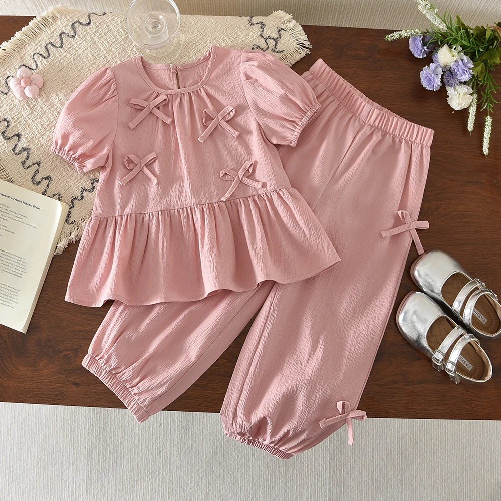 Pink Sweet and Cute Korean Version Fashion 3-7 Year Old Girl Casual Suit Bubble Sleeve Bow Top+Pants Two Piece Set Summer
