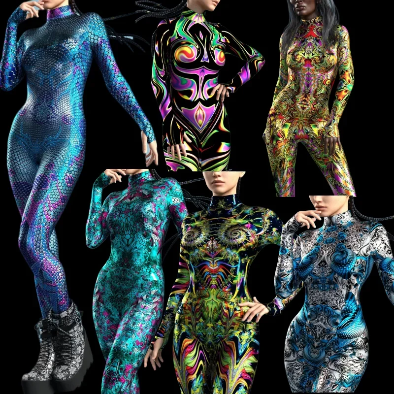 

Cosplay Multi-Color Printing Jumpsuits Woman Kids Rompers Rainbow Sexy Bodysuit Wear Cosplay Costume Stretch Tights Party Dress