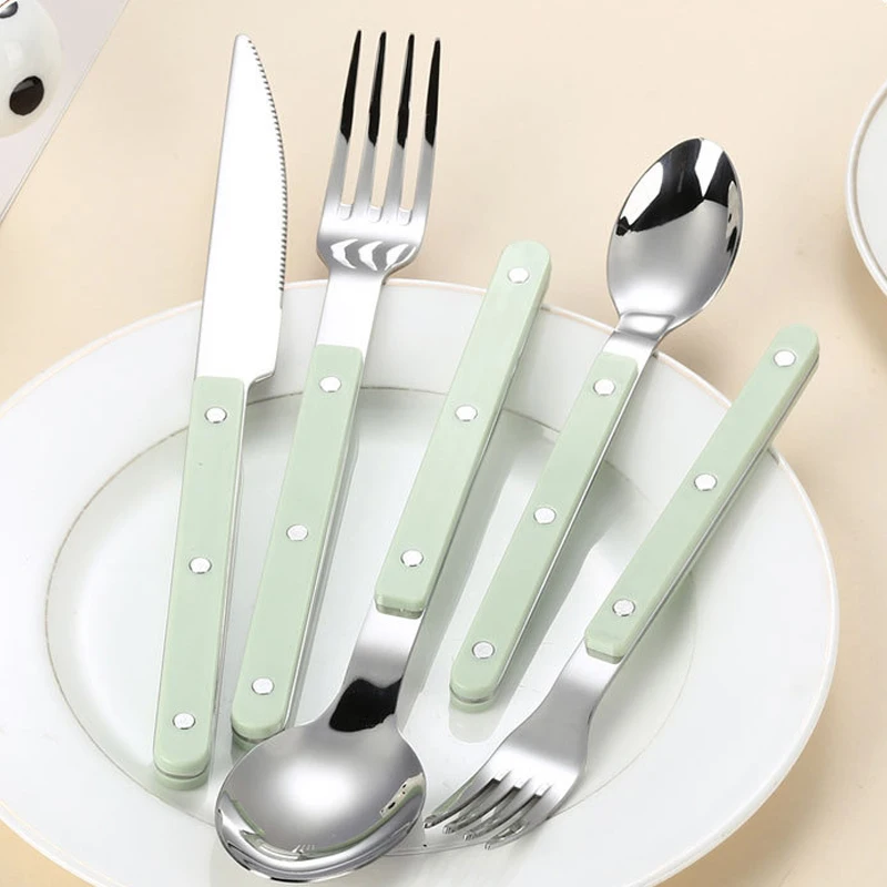 Fotografia 6: Conjunto 5 em 1 de talheres em aço inoxidável 304 com cabo ABS e rebites, conjunto de talheres com polimento espelhado para cozinha.
