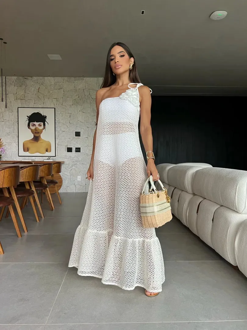 Sexy 3D Flower Long Dress Women 2024 Summer Semi-sheer Party Dresses Elegant Slim One Shoulder Maxi Vestidos Holiday Beach Robe