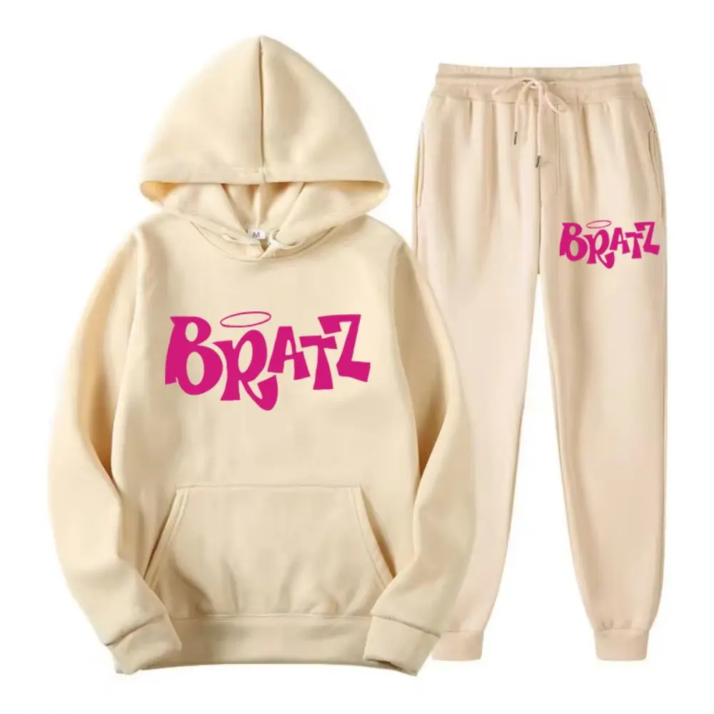 Two Piece Set Autumn Woman Hoodie & Pants Warm Comfortable Fleece Pullover Y2K Pink Bratz Letter Print Sportswear Street Clothes