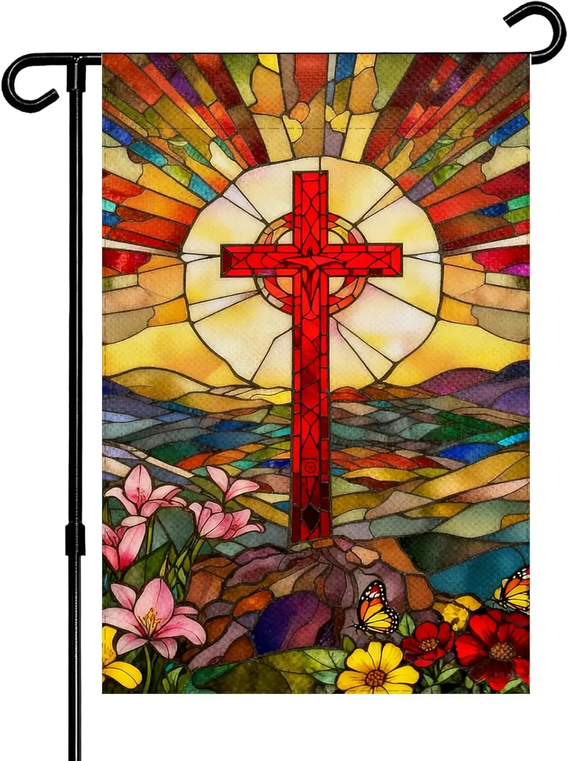Christian Cross Religious Garden Flag Double Sided Jesus Stained Glass Style four season Garden Flag,Christ Garden Flags for zzo