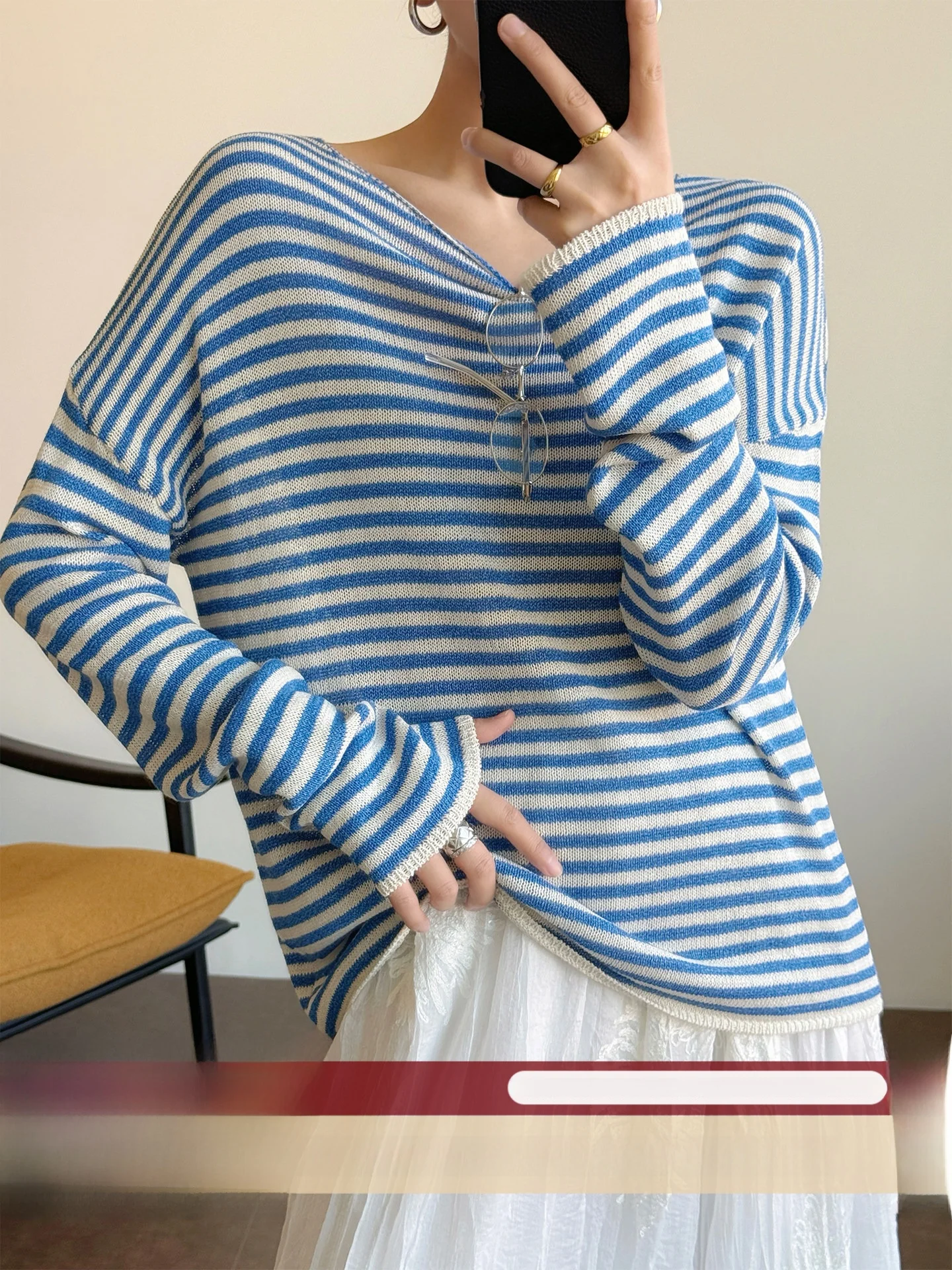 

WANGER Comfortable Long Sleeve T-Shirt Loose Fit Striped Loose Hanging Feel Cool Sun Protection Casual Women's Cotton Top