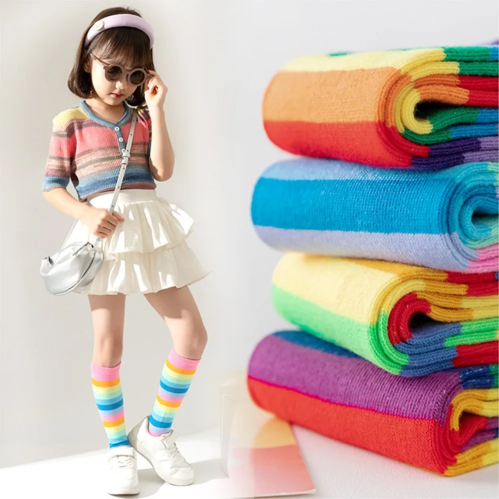 Spring and autumn new rainbow children socks stripe color matching girls socks calf socks trade knee socks.