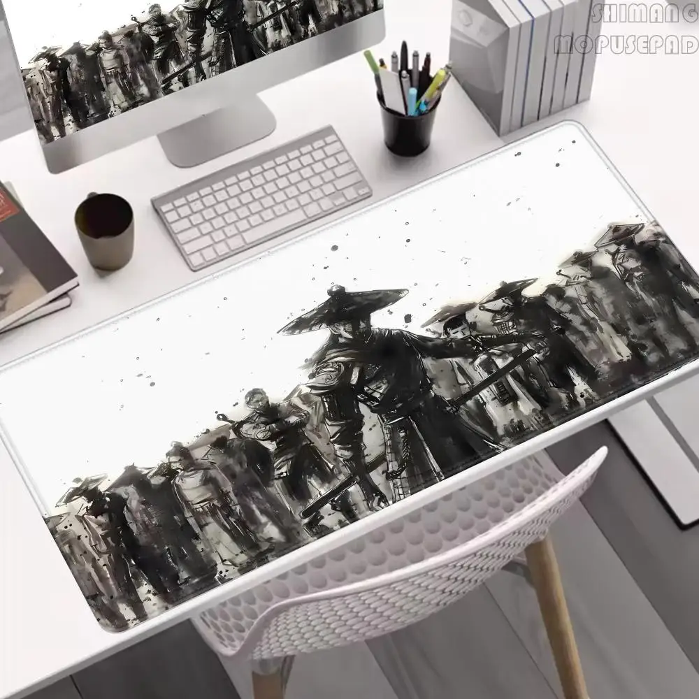 

Mouse pad large ink painting black desk pad samurai non-slip rubber white game mouse mat laptop carpet gaming mousepads