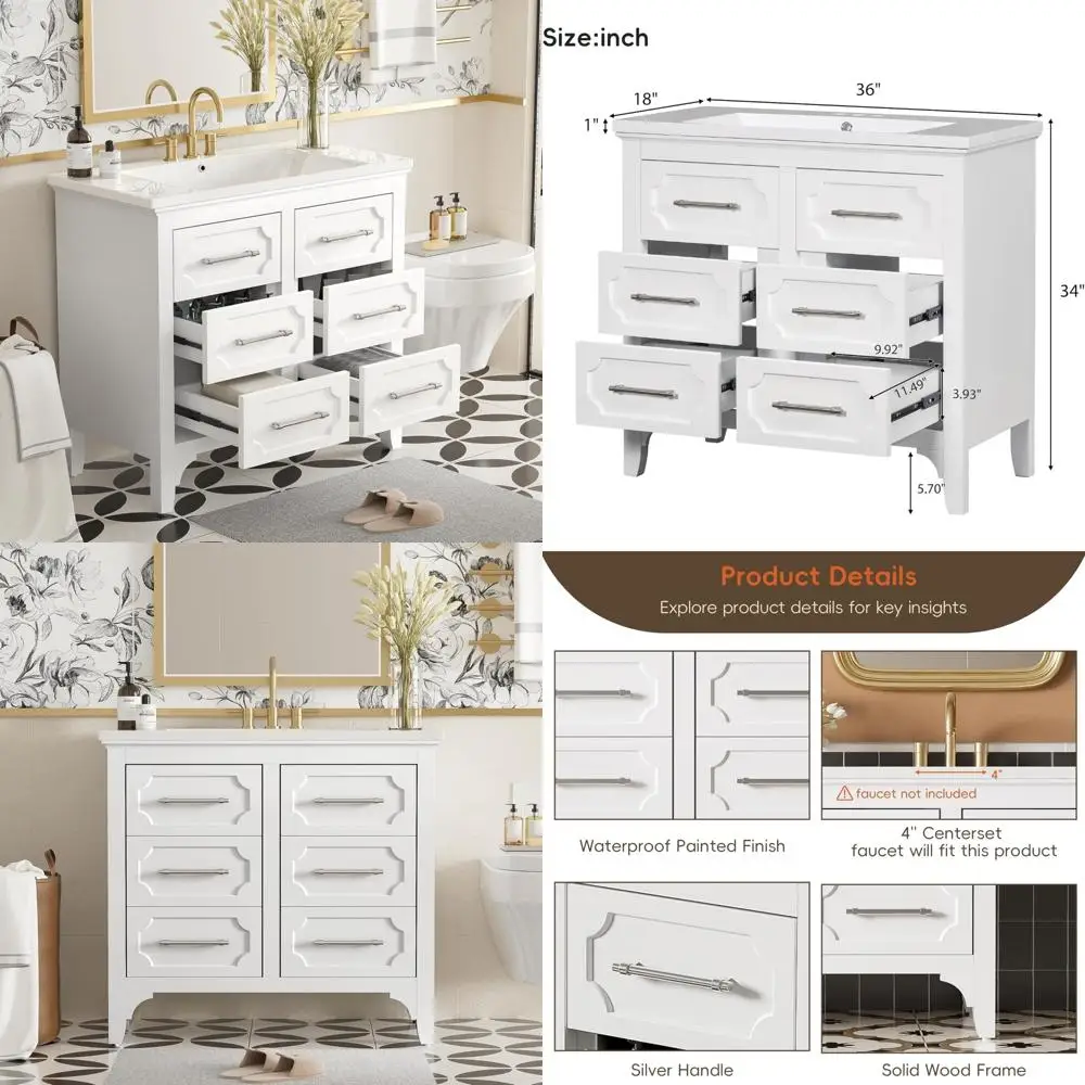 

36" white elegant bathroom vanity with 4 drawers and solid wood frame