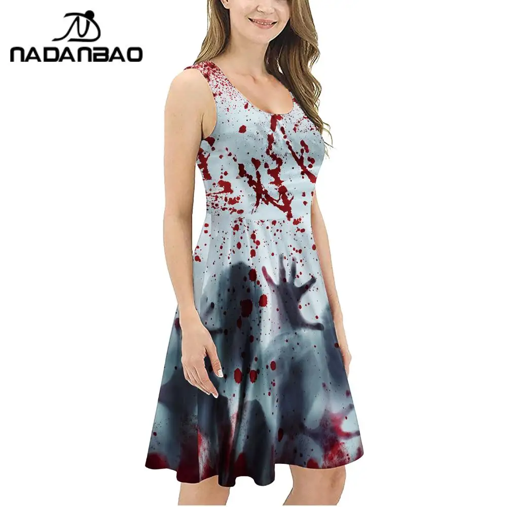 Nadanbao Women Halloween Dress Terror Blood Hand Print Sleeveless Dresses Summer Casual Party Clothes Elastic Ladies Outfit