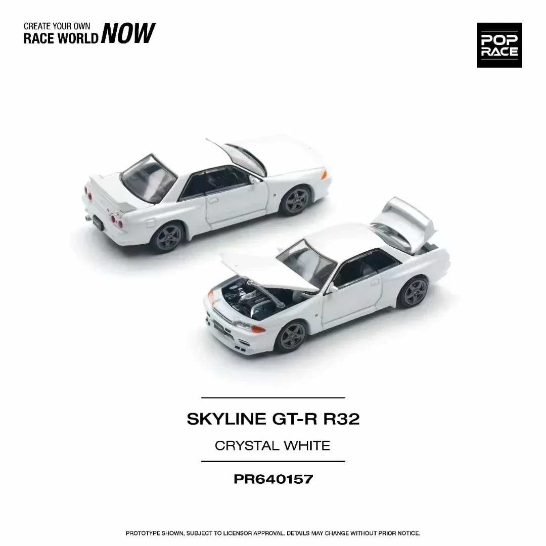 

Pop Race In Stock 1:64 Skyline GTR R32 Crystal White Diecast Diorama Car Model Collection Miniature Toys