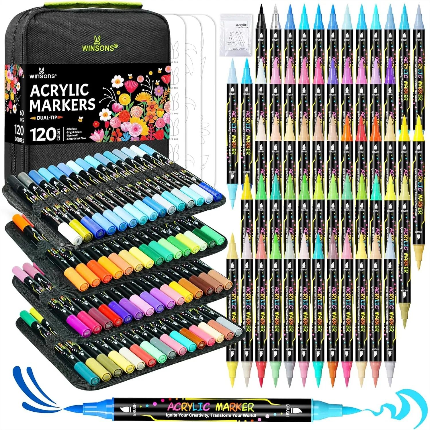 

120 Colors Acrylic Paint Markers, Dual-Tip Brush & Fine Point Pens for Rock Painting, Canvas, Glass, Wood, Ceramic, DIY Crafts