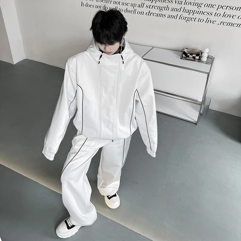 

Fall Advanced Casual Sportswear Set Men's Double Zipper Open Cardigan Design Hoodie Wide Leg Pants Youth Long Sve