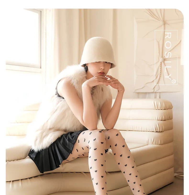 Super Hot Tights Woman Bow Pantyhose Sweet Ultra-Thin StockingsTranslucent Jacquard High Elastic Jk Black Silk Summer T-Crotch