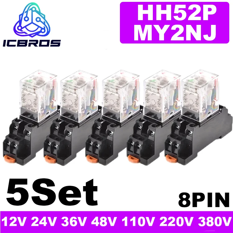 

5Set MY2P HH52P MY2NJ MY2N-J MY2N-GS Coil DPDT Micro Mini Relay With Socket Base Holder AC 12V 24V 36V 48V 110V 220V 380V