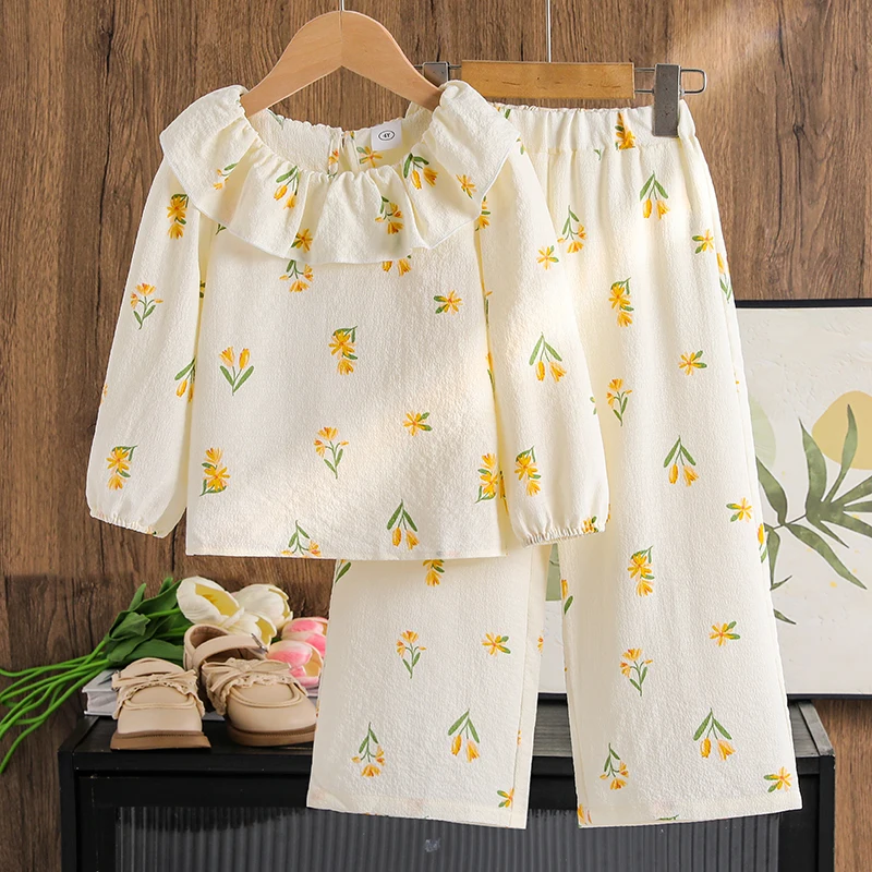 2025 جديد الخريف 2 قطعة بدلة الاطفال بلون الأصفر طباعة دمية طوق كم طويل بلوزات وسراويل للفتيات 4-7 سنوات نمط الحلو #1