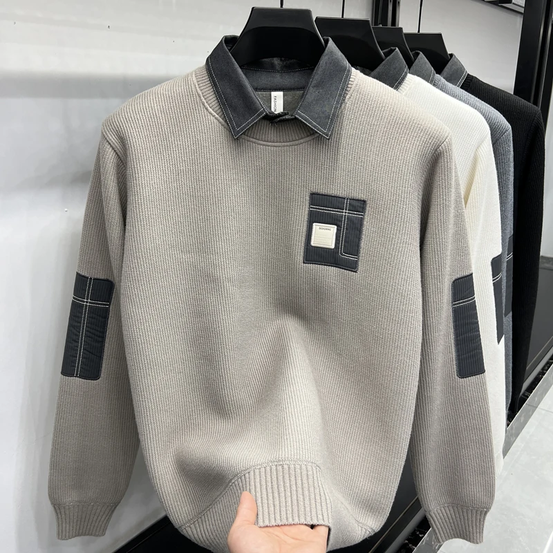 2025 Maglione da uomo invernale nuovo in pile intero finto in due pezzi moda casual lavorato a maglia con fondo in pile spesso