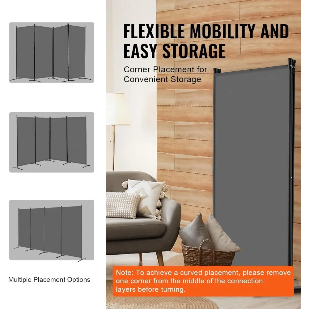 4-Panel Folding Privacy Screen, Portable Room Divider for Office, Bedroom, Study in Grey