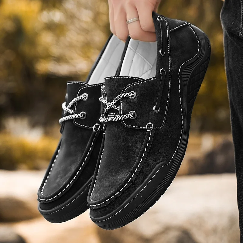 Men's suede leather handmade flat outdoor hiking casual shoes, large size workwear small leather shoes, trendy shoes