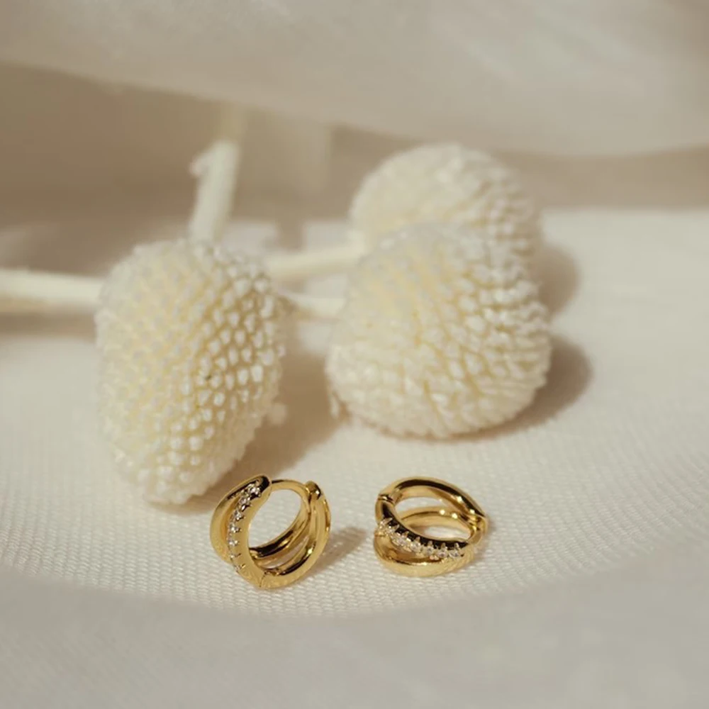 Dainty Tiny Layered Gold Plated Copper Metal Paved CZ Huggie Hoop Earrings for Women Girls Luxury Elegant Catilage Hoops Jewelry image 5
