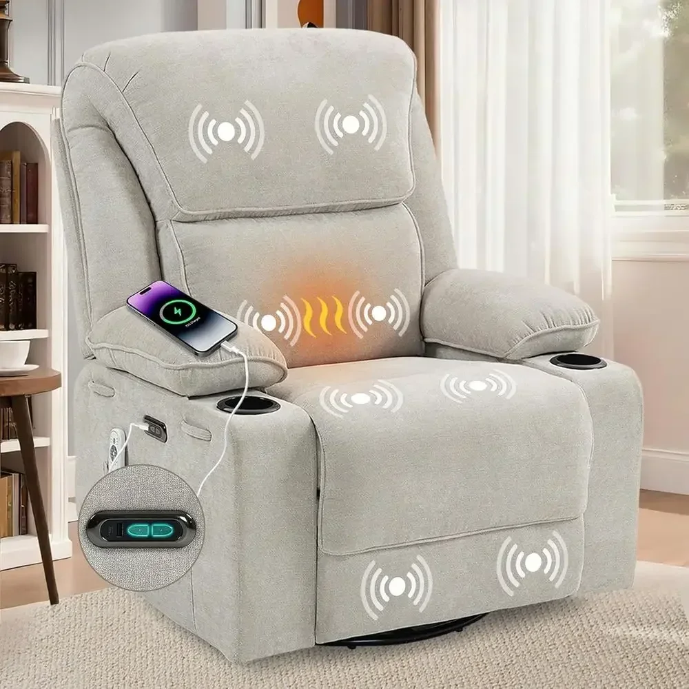 Power Recliner Chair with USB & Type C Ports, Nursery Rocking Chair, Massage Swivel Sofa for Small Spaces, Light Gray
