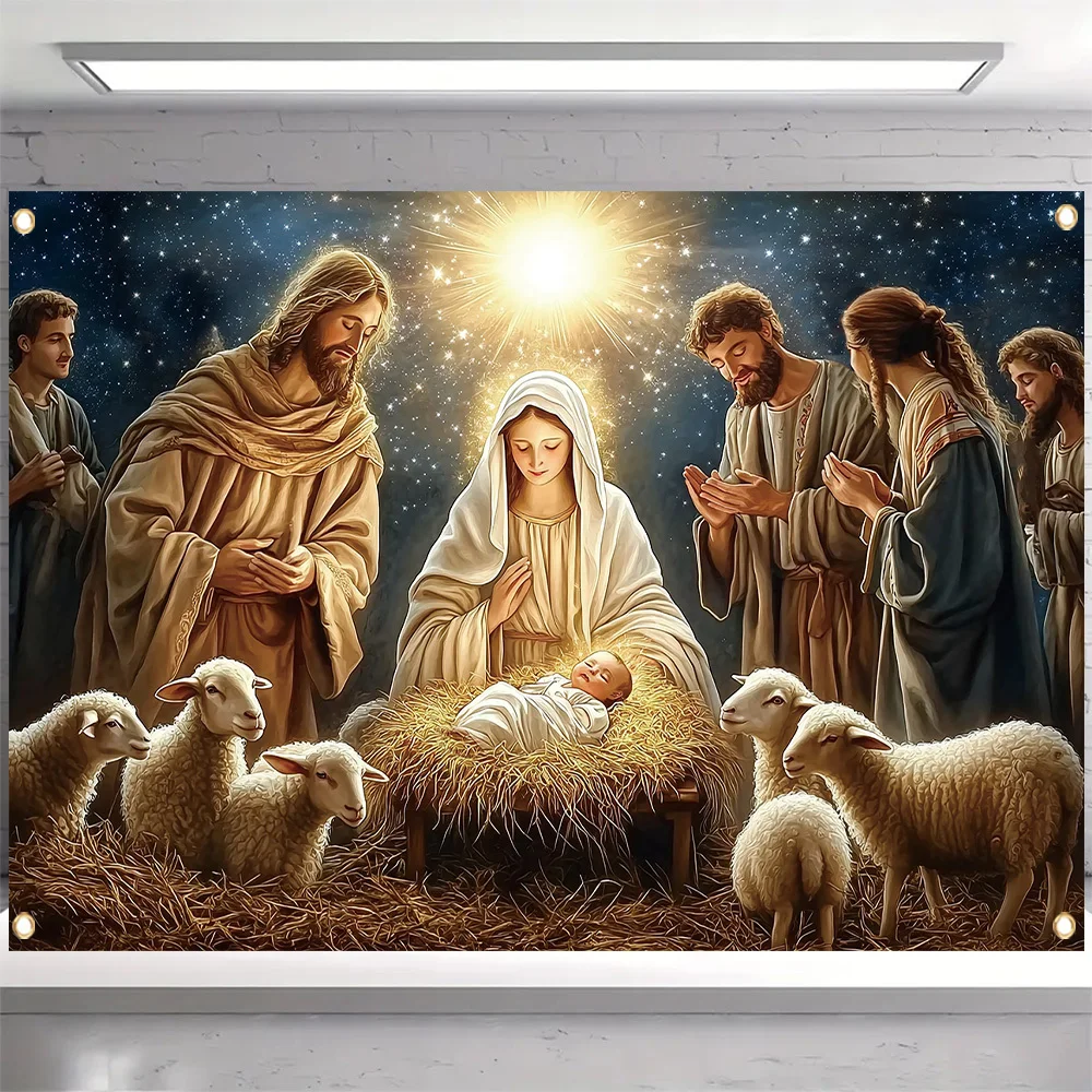 2D-Flachbanner, 1 Stück, 1 Stück, Hintergrundstoff mit Weihnachtsmotiv, Partybanner mit Krippen-Schafmuster, Polyester