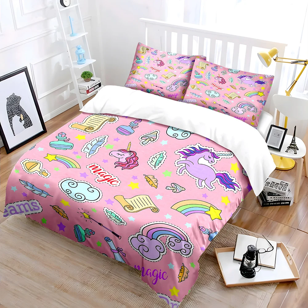Dreamy unicorns and magical elements Print Bedding Set 1 Duvet Cover 2 Pillowcases for Adult and Children Luxury Gift Full Size