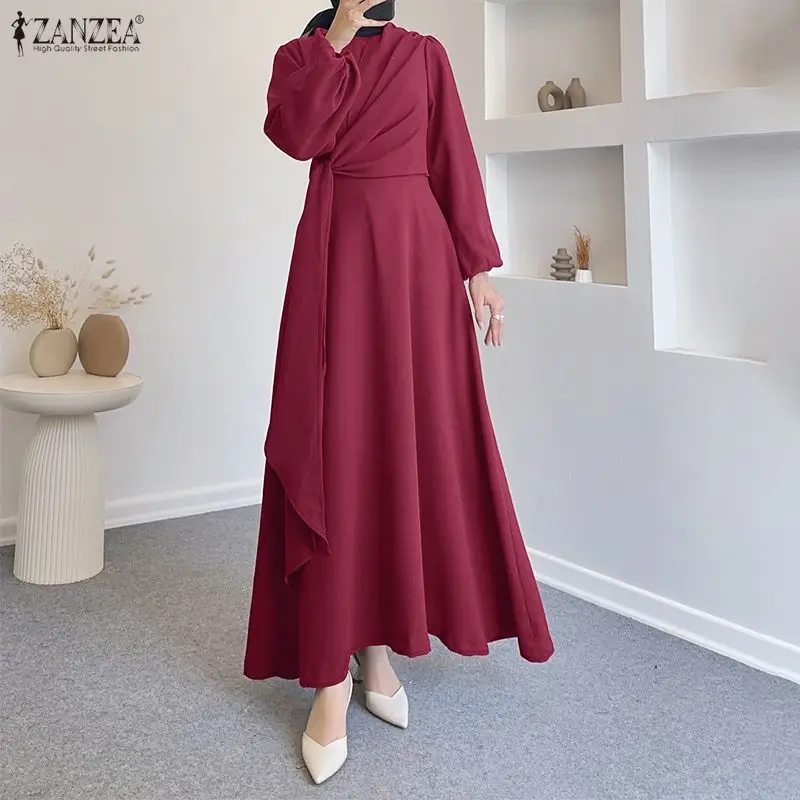 

2026 ZANZEA Muslim Hijab Dress Abaya Women Spring Maxi Long Dress Elegant Long Sleeve Lace-Up Party Sundress Ramadan Solid Robe