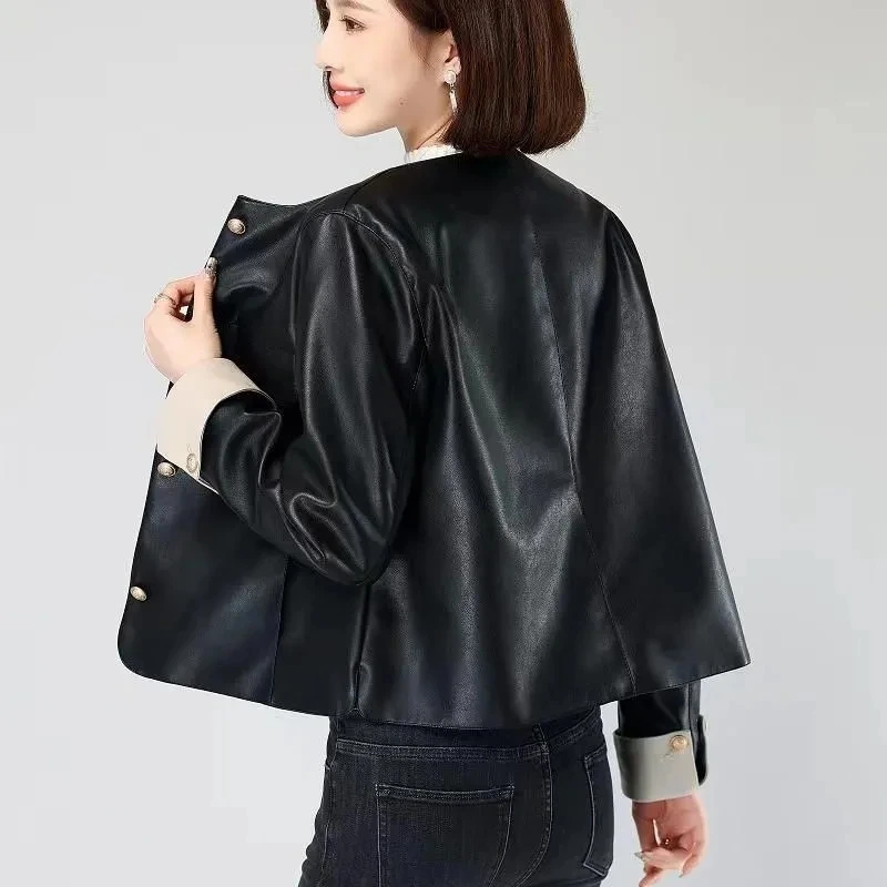 Casacos femininos com gola redonda elegante e versátil, estilo pequeno e perfumado, jaqueta de couro de alta qualidade