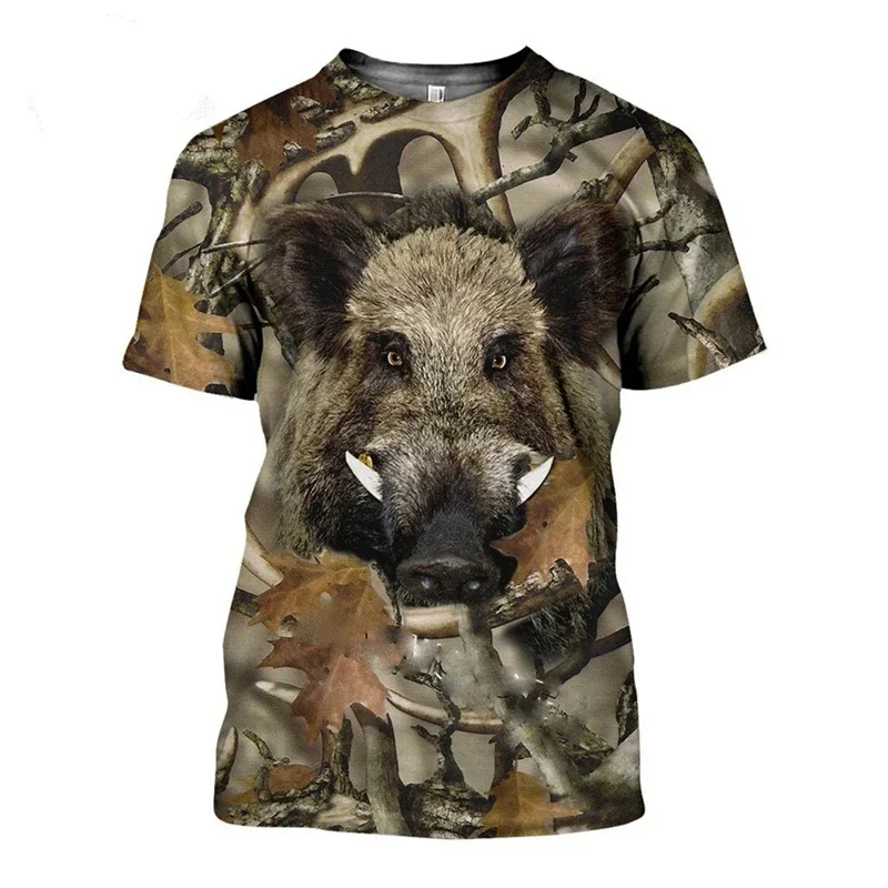 2024 Casual Hunting Camouflage Printed T-shirt New Fashion Wolf Fox Pattern T-shirt Men\'s Forest Hunter Male Top