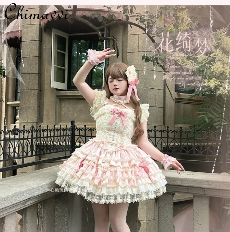 Vestido Lolita de estilo Ballet Original, novedad de 2026, Vestido corto de encaje de Hada dulce con bonito lazo, vestidos de princesa Lolita para fiesta de cumpleaños para mujer