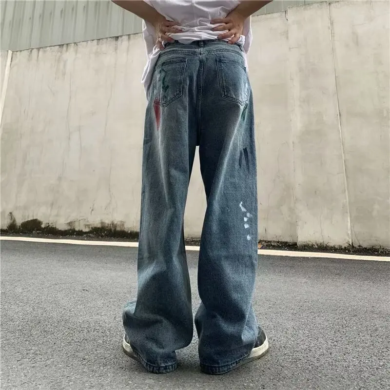 Jeans da uomo americano retrò autunno stile caldo graffiti contrasto colore versatile industria pesante lavato High Street tendenza dritta