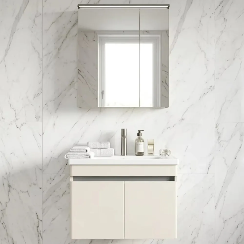Premium Modern Waterproof Bathroom Vanity Integrated Ceramic LED Mirror Large Storage Cabinets Farmhouse Hospital Use OEM ODM