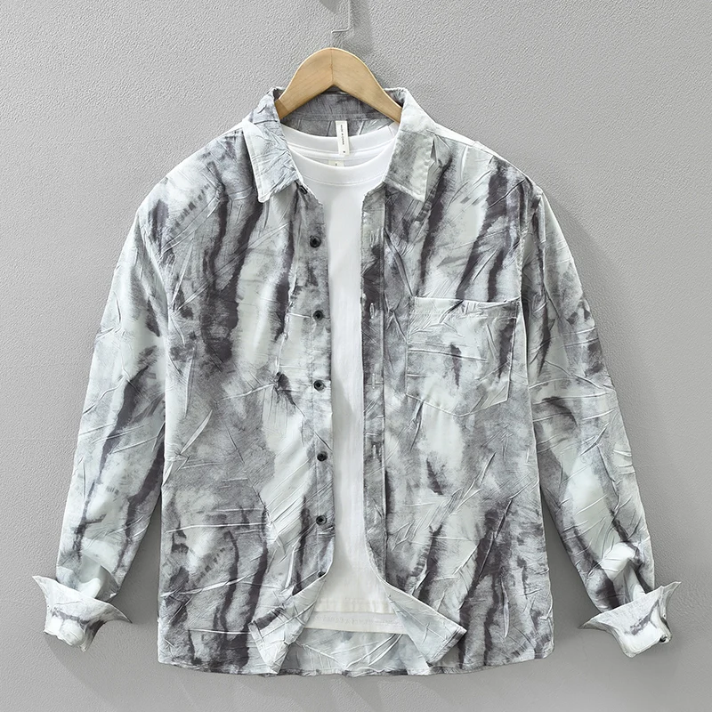 

2026, весенне-осенняя новая повседневная рубашка-карго с длинными рукавами и принтом для мужчин, одежда с отложным воротником, универсальная уличная одежда