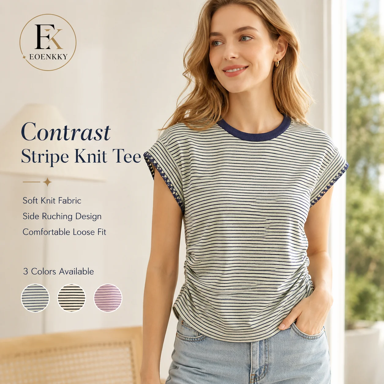 EOENKKY Women's Striped Knit T Shirt Contrast Trim Cap Sleeve Crew Neck Side Ruched Summer Casual Top