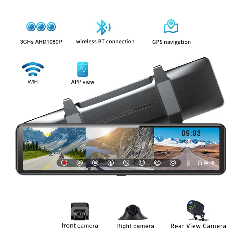 12in 3CHs AHD1080P mirror car DVR carplay & android auto WIFI car video recorder mirror DVRs parking monitor time lapse