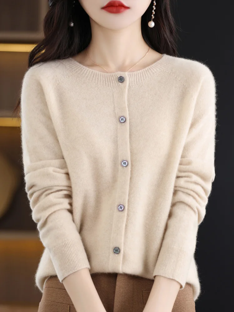 Long Sleeve 100% Merino Wool Sweaters Spring Autumn Women O-Neck Knitwear Tops Clothing Fashion Basic Tops