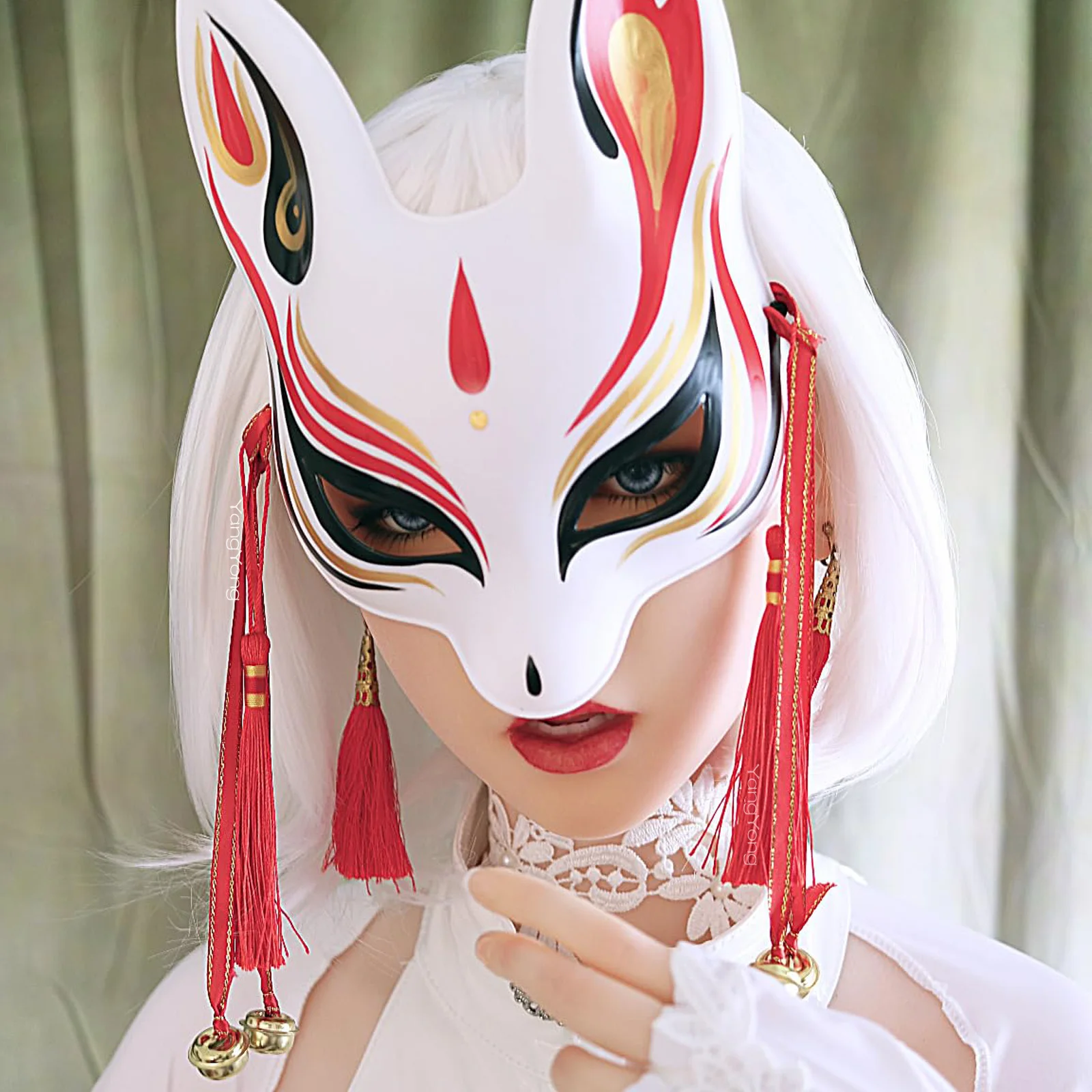 Little Bunny Kitsune Mask for Kids and Slim Adult Face,Christmas Kawaii Rabbit Cosplay Accessory for Traditional Kimono Costume