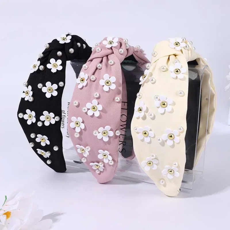 ncmama New Women Flower Headbands with Pearl Rhinestone Cute Wide Top Knot Headband Non Slip Hair Hoop Simple Hair Accessories