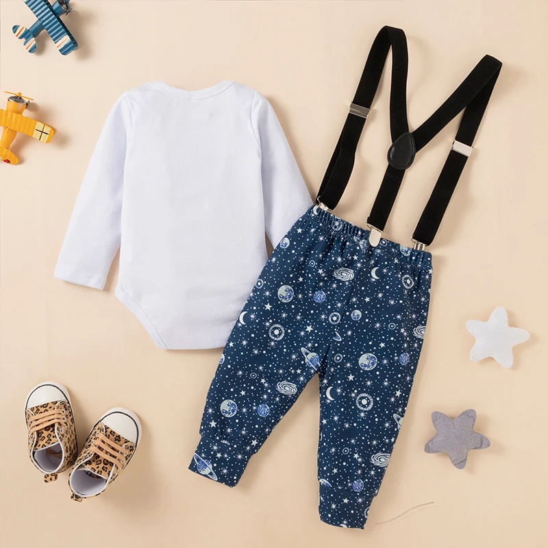 2pcs Autumn and Winter New Cartoon Boy\'s Cotton Jumpsuit with Starlight Print Backpack Pants Birthday Party Costume Set 0-24M