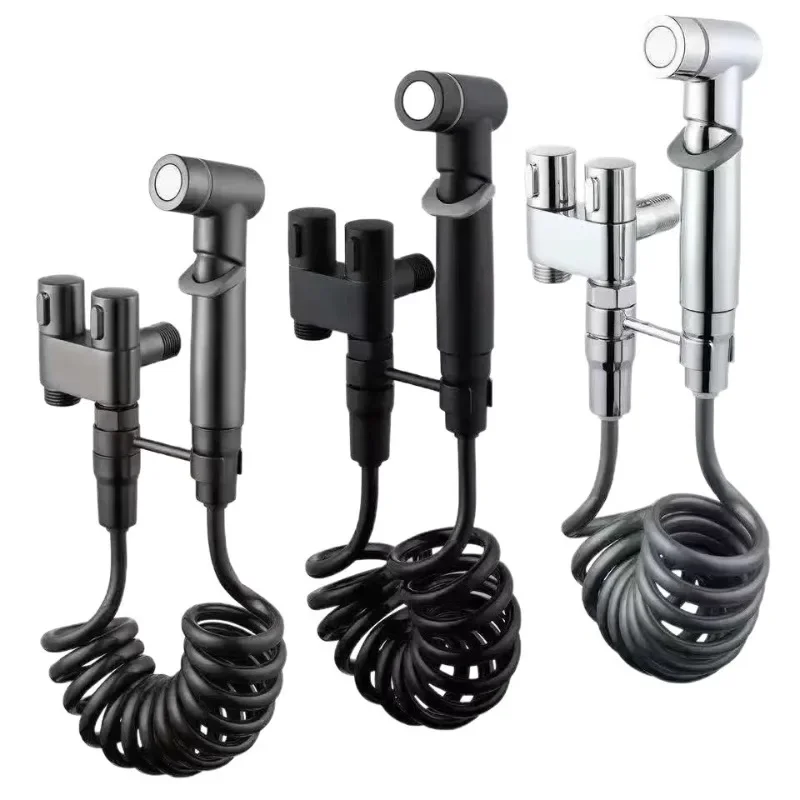 Dual‑Outlet Toilet Angle Valve Sprayer Set, High Pressure Bidet Spray Gun with Retractable Spring Hose for Bathroom Cleaning