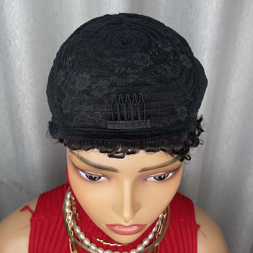 흑인 여성용 픽시컷 가발, 짧은 곱슬 레이어드 가발, 기계 제작, 자연스러운 검정색 인모 가발, 일상용