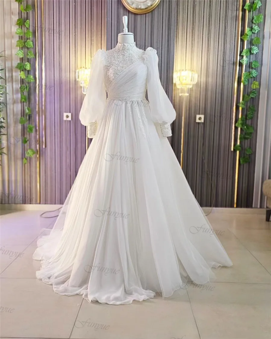 Funyue-Vestidos De Novia musulmanes De cuello alto, Vestidos De Novia 2024, corte en A, encaje De Organza con cuentas, mangas abullonadas, Vestidos De Novia