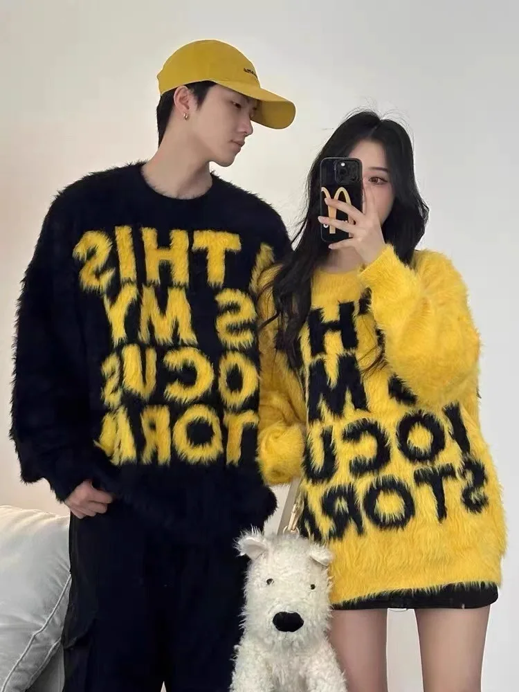 

American Retro Color Blo Knitwear Men's Autumn Winter Loose Lazy Sle Mink Sweater Coat Couple's Trendy Top Warmth