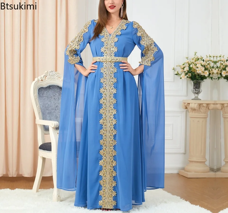 Women's Elegent Muslim Long Sleeve V-neck Polyester Party Evening Long Dress Robes Kaftan Muslim Abaya Muslim Dress for Women