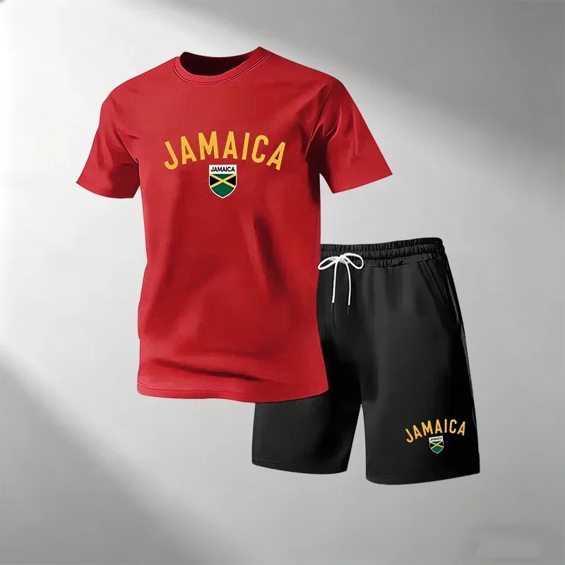 JAMAICA Conjuntos de camisetas informales de verano para hombre, cuello redondo, manga corta + pantalones cortos deportivos de secado rápido para correr, fitness, hogar y exteriores