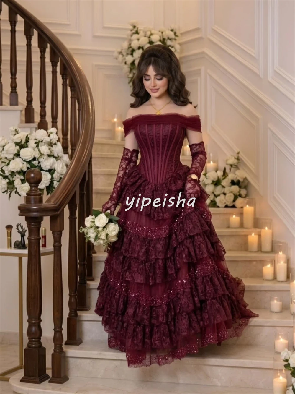 Customized Exquisite Women Tulle Sequined Lace A-Line Evening Dresses Modern Style Off-the-shoulder Sleeveless Long Party Gowns image 2